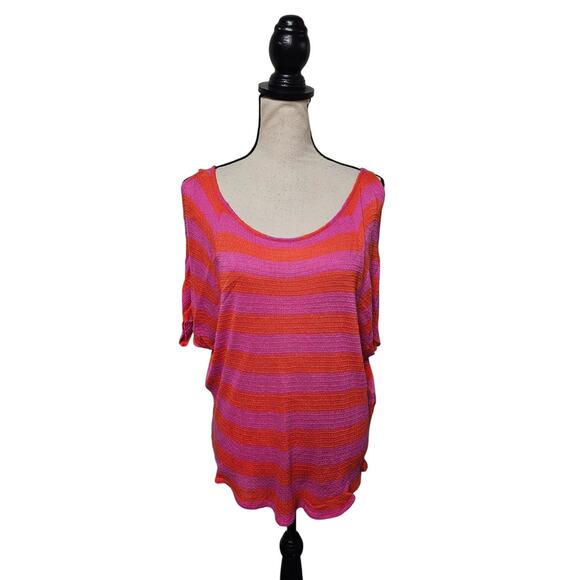 Purple Orange Striped Woman’s Top XL Cold Shoulder Rave Neon Tunic - Picture 1 of 8